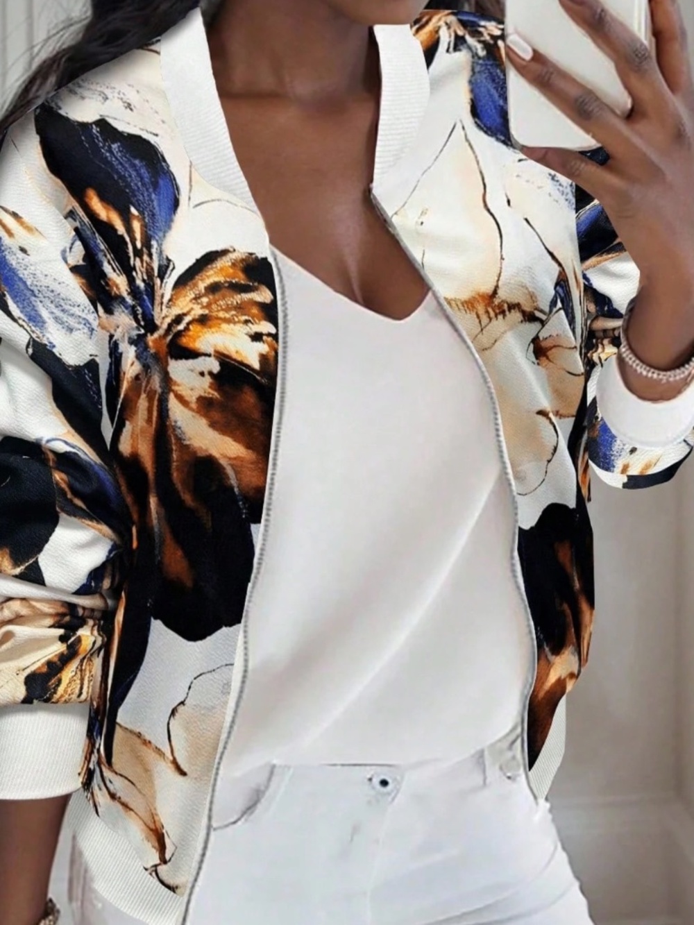 Boho Floral Tropical Print Zip up Lightweight Jacket
